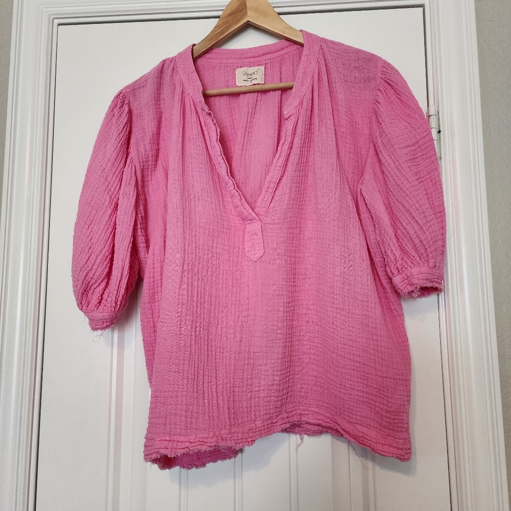 9Seed Lightweight Cotton Gauze Dashiki Puff Sleeve Top Pink M/L
